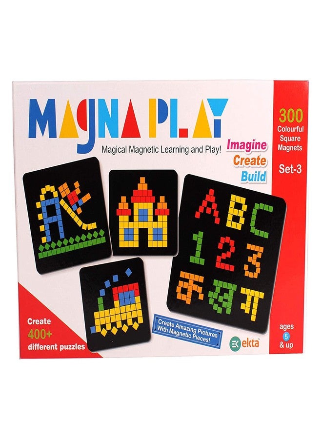 EKTA Magna Play Set-3 with Wooden Stand, 300 Colourful Square Magnets, 400+ Different Puzzles, Imagine/Create/Build, Magical Magnetic Learning and Play for Childrens Age 5 Years & Above - Multi Color - Image 1